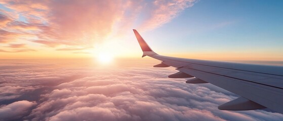 Airplane wing sunset cloudscape; travel