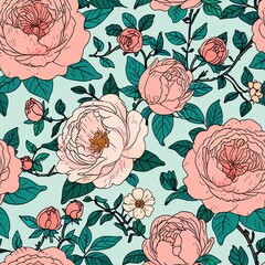 Elegant Floral Pattern: Pink Roses and Peonies on a Mint Background