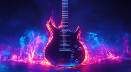 Flaming electric guitar on dark background.