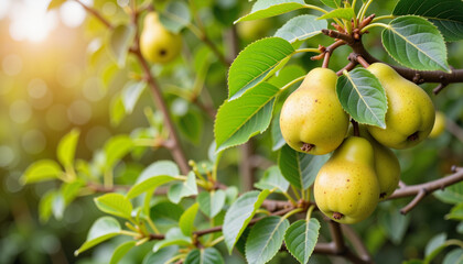 Ripe pears on a tree branch for organic farming, seasonal harvest, and agricultural marketing