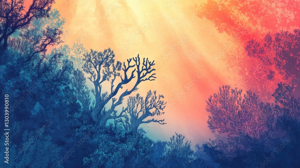 Poster trees and light create an ethereal landscape with colorful tones
