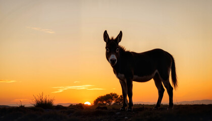 Donkey silhouette at sunset for Palm Sunday, religious symbolism, and nature photography