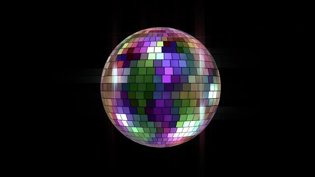  disco ball looping rotate front view, reflect rainbow color on surface, looping 3d animation rendering .