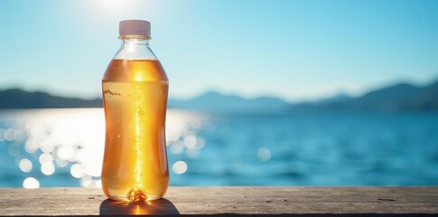 Refreshing water bottle against a backdrop of sparkling lake water and blue sky, eco-friendly, reusable