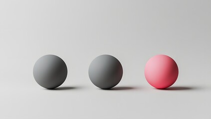 Three spheres, different colors, on plain background