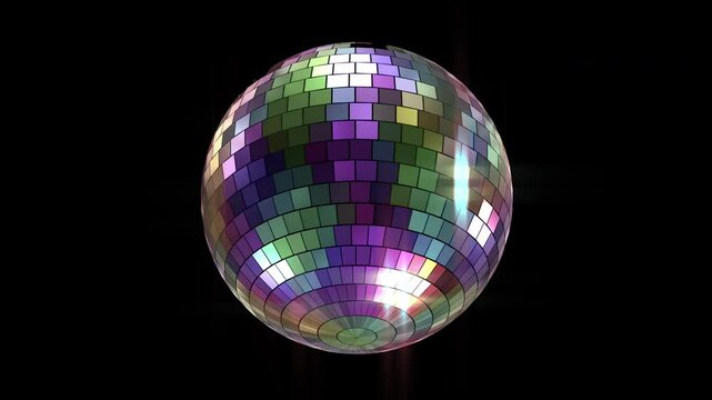  disco ball looping rotate shoot form bottom view, reflect rainbow color on surface, looping 3d animation rendering .