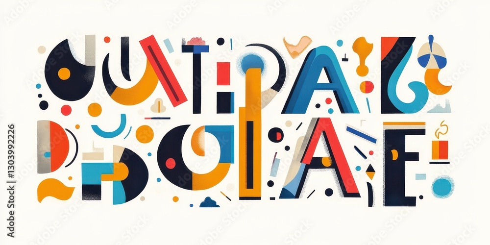 Poster abstract geometric shapes composing colorful typography on a white background