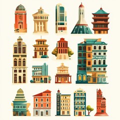 Colorful and diverse artistic illustrations of different architectural buildings