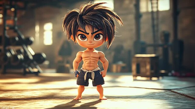 A muscular cartoon boy confidently poses in a gym, showcasing strength amidst workout equipment