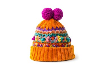 Knitted colorful winter hat with pom poms on white background for product sale