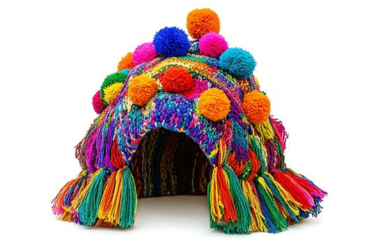 Colorful knit chullo hat with pom-poms, isolated on white, for cultural representation