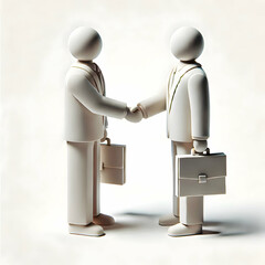 A minimalist 3D illustration of two businesspeople shaking hands to conclude a joint venture, isolated on a white background.
