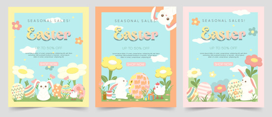 Easter Bunny on Cake with Colorful Eggs in Playful Style, vector illustration