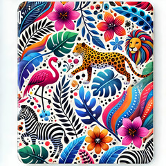 Fototapeta premium A playful animal print pattern in vibrant colors, featuring leopard spots and zebra stripes, isolated on a clean white background.
