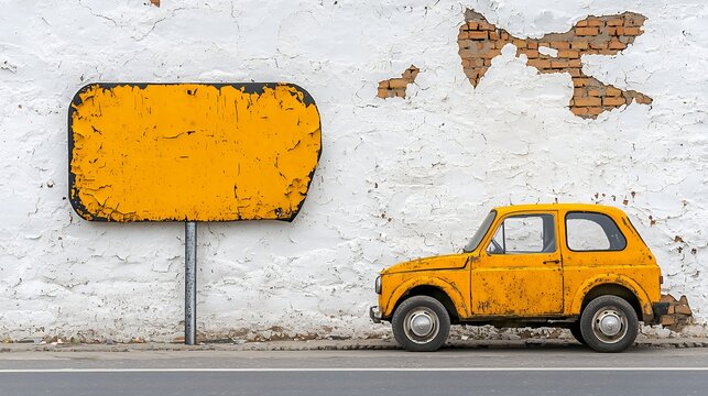 Vintage Yellow Car Beside Blank Sign on Weathered Brick Wall