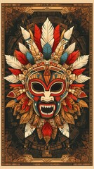 This features vibrant, intricately designed tribal mask with colorful feathers, showcasing blend of cultural artistry and symbolism. mask is set against detailed, patterned background