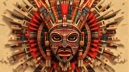 vibrant, intricate tribal mask with geometric patterns and bold colors, symbolizing cultural heritage and artistic expression. mask features red, orange, and brown hues, with detailed