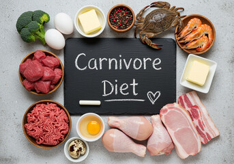 Carnivore Diet Food Flat Lay with Meat and Seafood. Assortment of animal products including beef chicken crab shrimp and eggs. Overhead view of a carnivore diet arrangement on a gray background