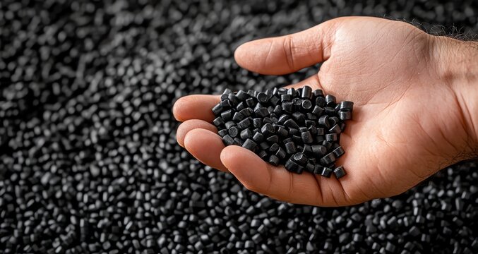 Close-up of hand holding black plastic granules, showcasing eco-friendly production. Perfect for sustainable product photography and green industry concepts.