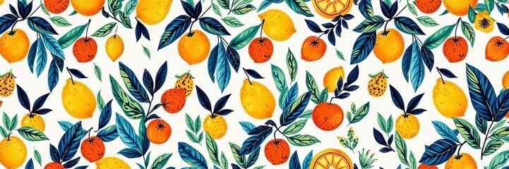 Orange fruit and plants print in red yellow orange blue white colored citrus exotic seamless patchwork pattern for fabric textile design wallpaper, textile, banner