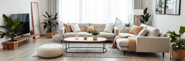 Panoramic white living room corner featuring a modern sofa, plants, and minimalist decor, furniture, spacious