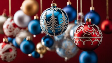 A set of elegant, shiny Christmas ornaments for a festive background. The smooth surfaces of the ornaments add subtle depth and sophistication. Generative AI.