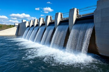 A massive hydroelectric dam releasing water through its spillways, producing renewable energy