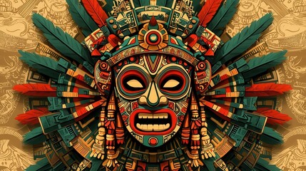 vibrant illustration of ancient tribal mask with intricate patterns and colorful feathers, showcasing cultural artistry and symbolism. mask features bold geometric designs and vivid colors