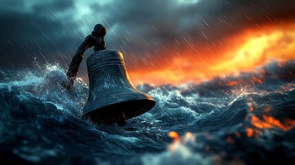 Bell in turbulent ocean storm, dramatic sunset. Possible use Stock photo for nature, adventure, or historical themes