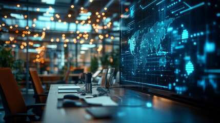 modern office workspace featuring digital world map display, illuminated by ambient lights. scene conveys high tech atmosphere with focus on connectivity and innovation