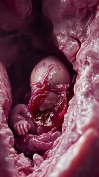Newborn in amniotic sac showcases childbirth process, highlighting the miracle of life within a natural setting