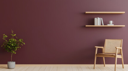 Modern interior with maroon wall, wooden shelf, plant, and chair
