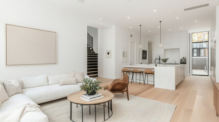 Modern living room with minimalist decor, white walls, and wooden flooring. Features cozy sofa, round coffee table, and open kitchen area. Bright and inviting atmosphere