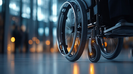 Fototapeta premium close up view of wheelchair wheel in modern, softly lit environment, highlighting its design and functionality. background features blurred figures, creating sense of movement and accessibility