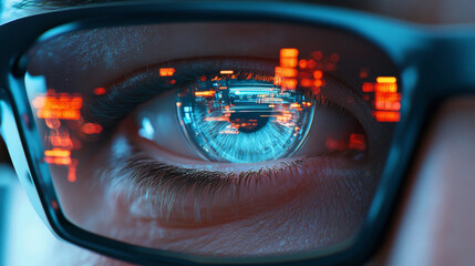 Close up of human eye wearing glasses, reflecting digital data and technology, showcasing innovation and futuristic vision