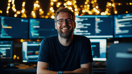 smiling man in dark t shirt sits in front of multiple computer screens displaying code, with warm lights in background creating cozy atmosphere