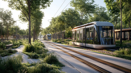 Naklejka premium Modern tram on tracks in green urban park with trees and pathways, showcasing sustainable transportation and nature