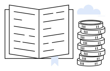 Open book with a ribbon bookmark next to a neat stack of coins, representing education, investment, and success. Ideal for business, finance, study, self-development savings knowledge growth. Flat