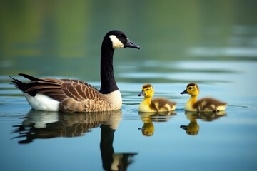 Obraz premium Two adult geese and two goslings swim peacefully on a calm lake , water, birds