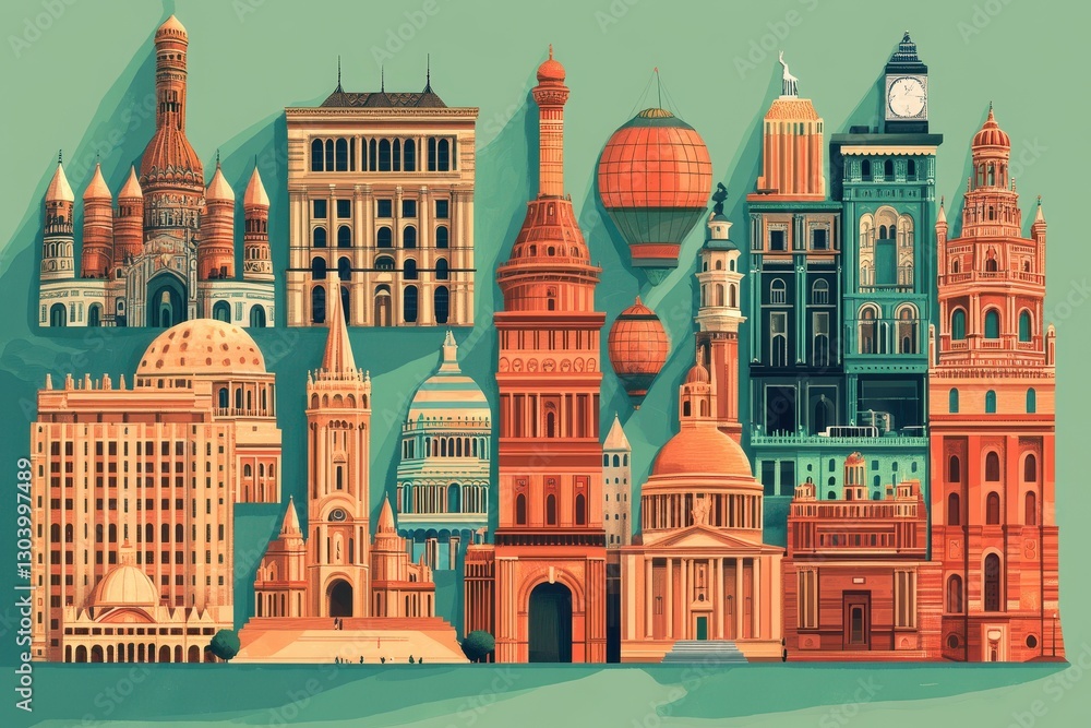 Poster a collection of various buildings and architectural structures depicted