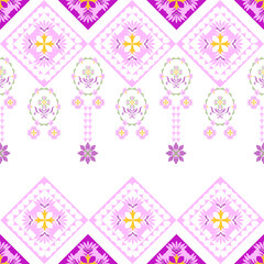 Pink and purple damask geometric seamless pattern with decorative ornament in ethnic style. Vector illustration. Navajo, Native American style. Wallpaper, fabric edges, rugs, and curtains.