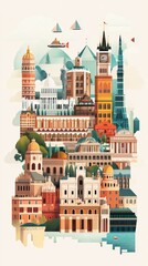 A colorful architectural illustration featuring various famous buildings and structures