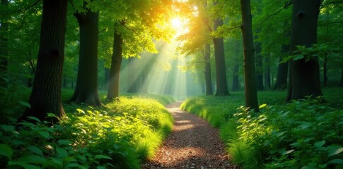 Naklejka premium Sun-dappled path winds through lush green forest, sunlight filtering through leaves , image, vegetation, natural