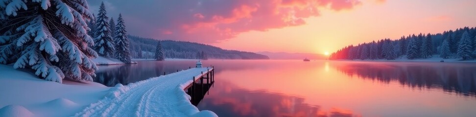 Obraz premium Snow-covered pier on calm, sunset-lit lake; snowy conifers reflected , tranquil, picturesque, outdoors