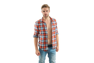 Trendy male fashion style. Male casual style. Caucasian casual guy. Handsome and sexy model. Man in checkered shirt with naked torso isolated on white. Stylish man with muscular belly. Menswear