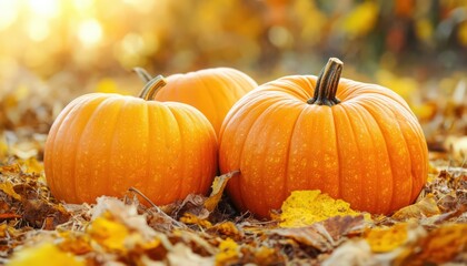 Three Gleaming Orange Pumpkins on Autumn Leaves in Sunlight