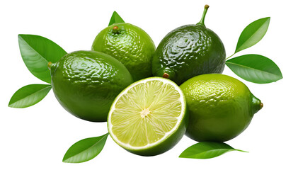 Fresh limes with a slice cut out and some green leaves are set against a background, while citrus limes are soaring through the air