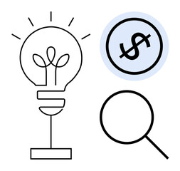 Lightbulb with leaves inside, magnifying glass, and dollar sign in a circle. Ideal for creativity, innovation, sustainability, finance, research discovery and success concepts. Flat simple metaphor