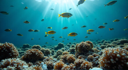 Naklejka premium underwater shot capturing marine life with swimming clusters vivid fish