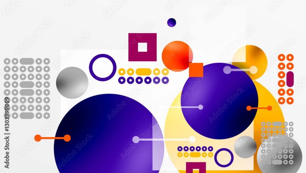 Aufkleber Minimalistic abstract vector design, layered geometric shapes circles, squares, and triangles with soft pastel gradients and semi-transparent effects. Perfect for contemporary use